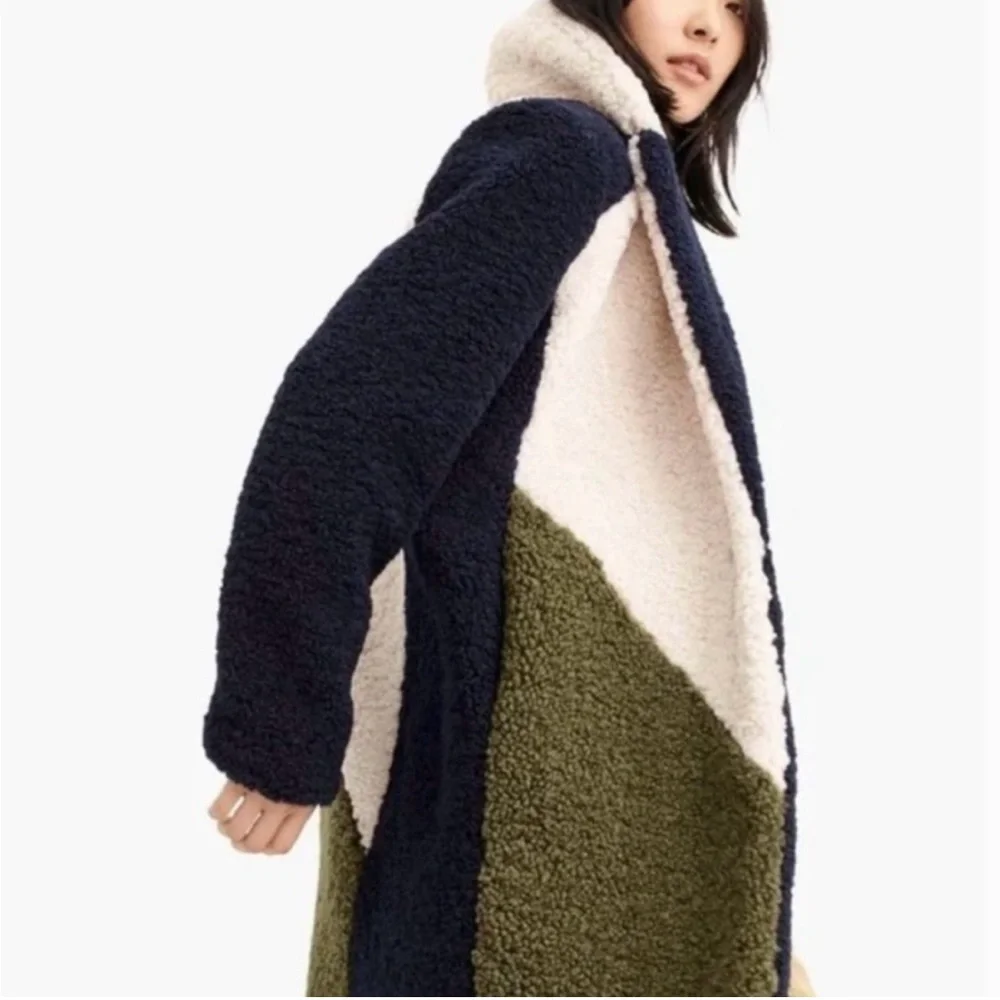 J. Crew Colorblock Teddy Coat in Navy, Cream & Olive